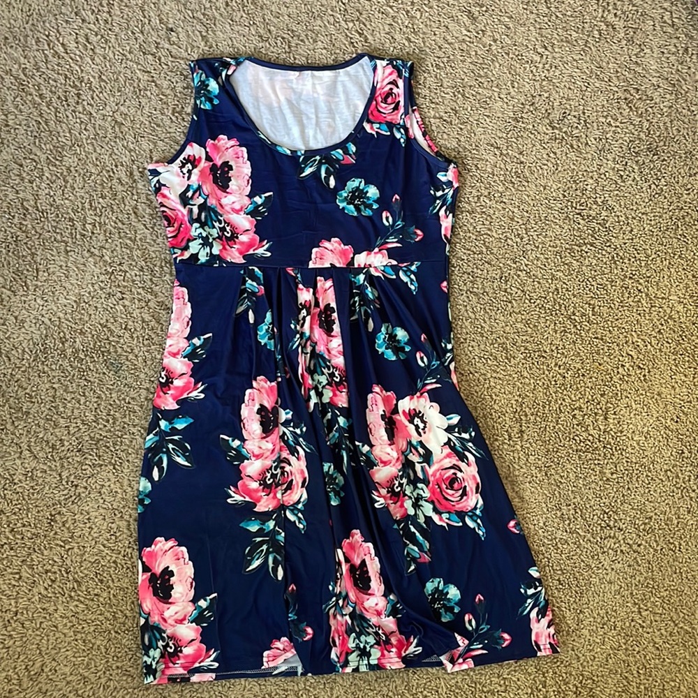 Women Summer Sleeveless Floral Print/ Dark Blue Racerback Midi Sun Dresses